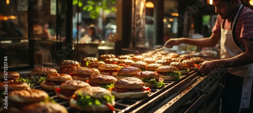 the vibrant atmosphere of an outdoor international food festival with a focus on a chef skillfully grilling burgers at a bustling stall