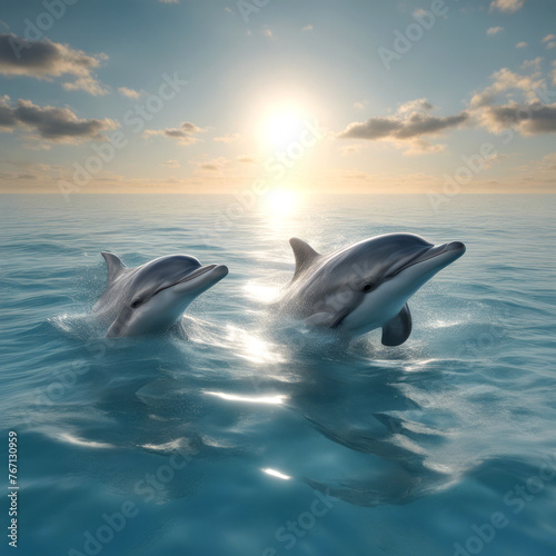A pod of playful dolphins swimming gracefully in the crystal-clear ocean