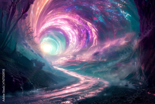 A road disappearing into a swirling vortex of colorful light in the middle of a misty mountain