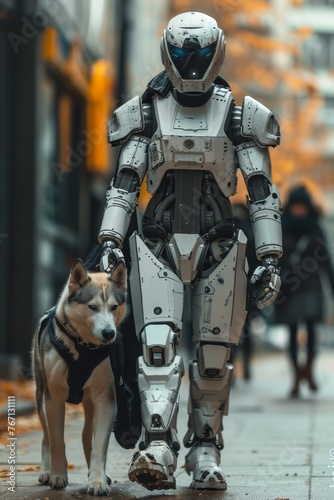 AI robot walks a dog in the city