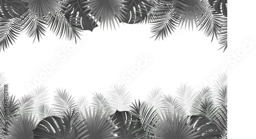 Rain forest foliage repeated wallpaper. Black tropical seamless border frame. Amazon plants silhouettes vector illustration. Jungle template banner with coconut palms leaves, monstera and shadows