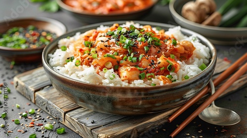 a realistic photo featuring Kimchi and rice, traditional Korean food, elegantly arranged on a plate with chopsticks and spoons. Set against a vintage wooden table background