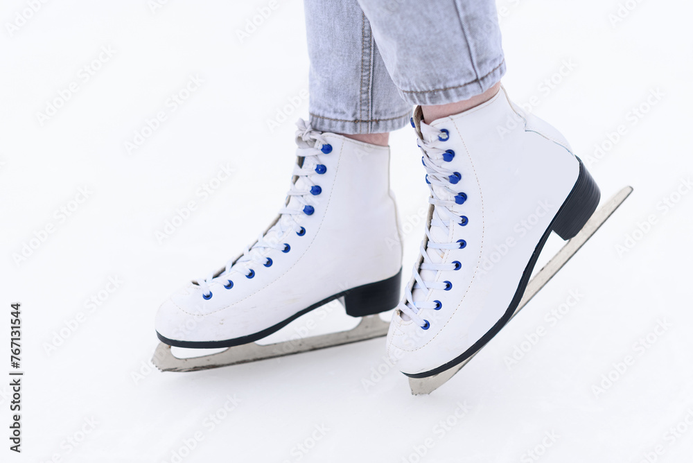close-up view of white figure skating skates close-up view of white figure skating skates