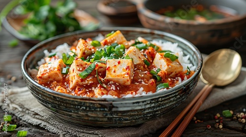 a realistic photo featuring Kimchi and rice, traditional Korean food, elegantly arranged on a plate with chopsticks and spoons. Set against a vintage wooden table background