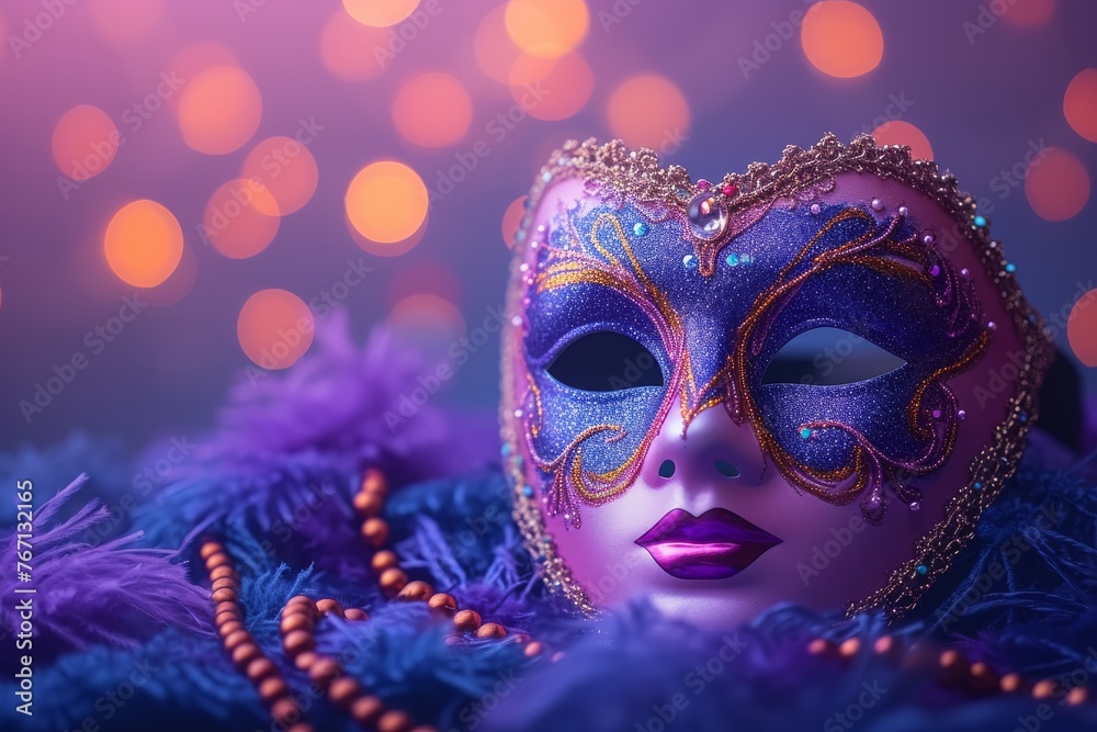 World theater day. close up of an electric blue carnival mask with purple feathers, magenta beads, and intricate eyelash details. A piece of art for any entertainment or performing arts event