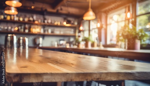 bar table interior in pub with wooden counter background desk space blurred light for drink design cafe top in coffee restaurant vintage retro style wine shop brown alcohol abstract blurry kitchen photo