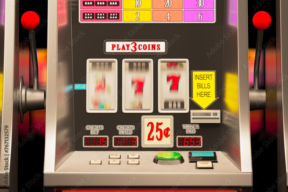 Vibrant Close-Up View of a Classic Slot Machine with Spinning Reels in a Casino