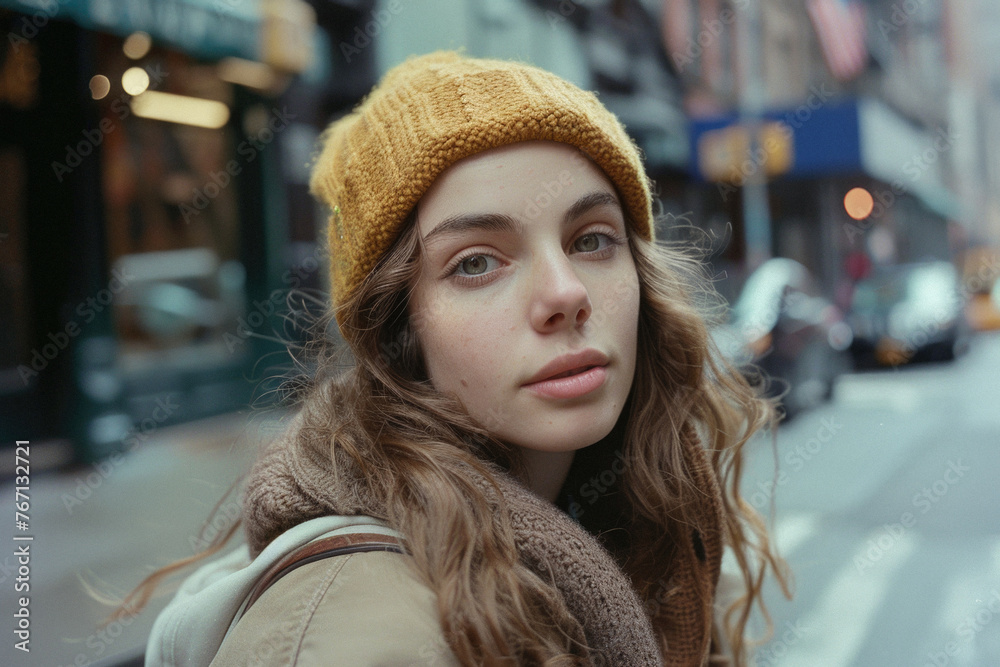 A woman wearing a yellow hat and scarf is standing on a city street A woman wearing a yellow hat and scarf is standing on a city street