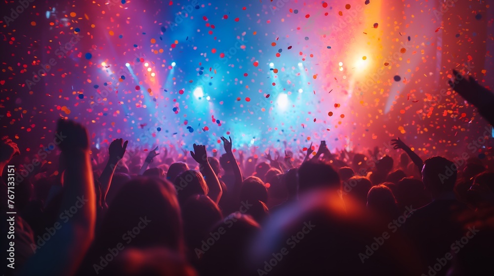 Cheering audience at a rock concert with vibrant stage lights and falling confetti
