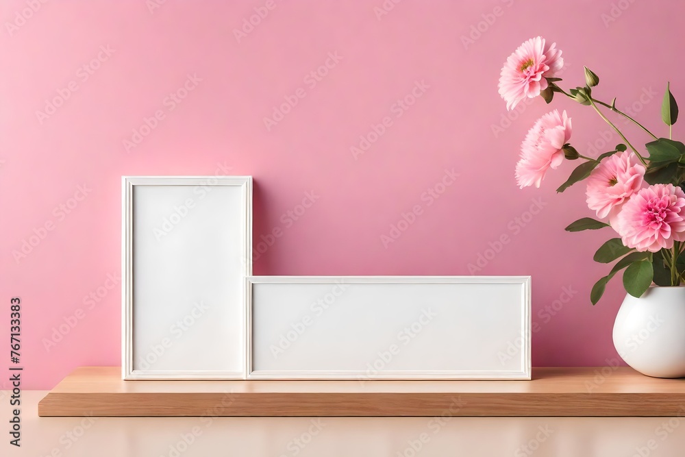 mock-up of a blank photo frame with pink flowers on a wooden shelf mock-up of a blank photo frame with pink flowers on a wooden shelf