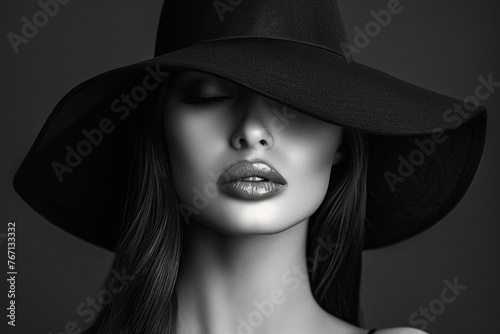 A woman wearing a black hat and lipstick