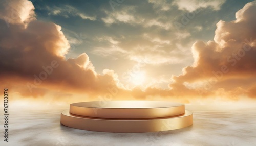 3d render of a round podium against a background of clouds at sunset