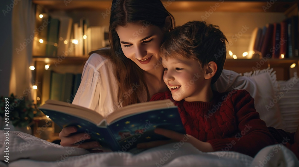 Mother and child happily reading a bedtime story book together at night.Reading for helps kids' brain development concept. Mother and child happily reading a bedtime story book together at night.Reading for helps kids' brain development concept.