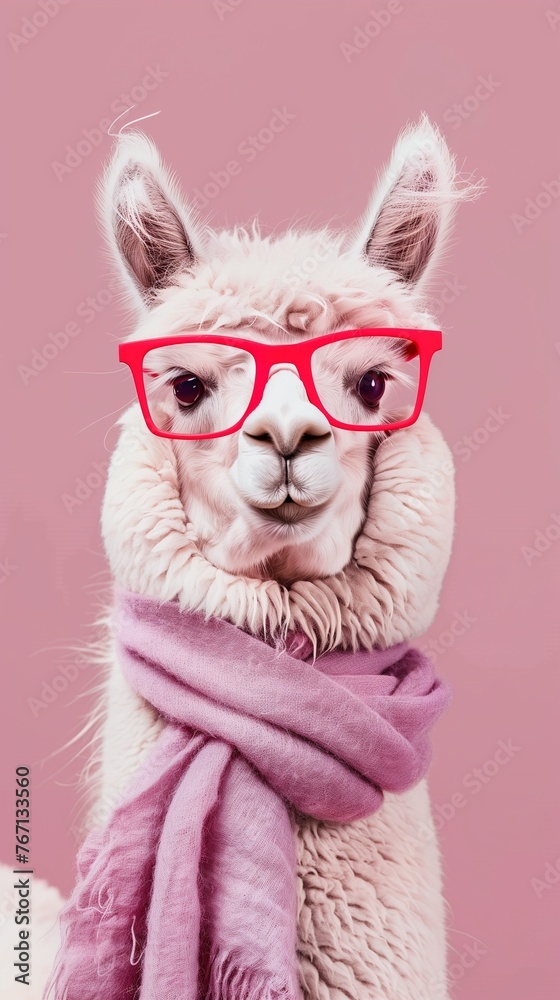 alpaca wearing pink glasses and wrapped in a scarf. vibrant magenta color background