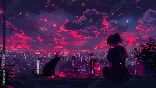 The girl is looking at the city at night with a cat. Lo-fi style. 