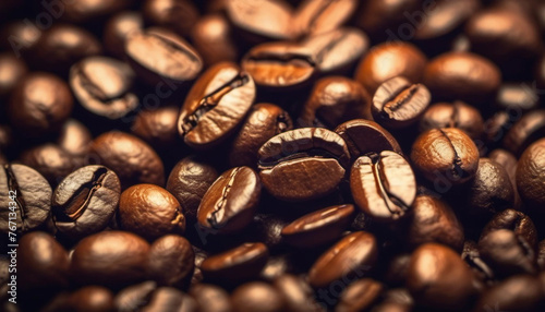 Close up of brown coffee beans - Generative AI. 