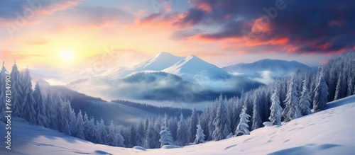A picturesque natural landscape of snowy mountains and trees with a colorful sunset sky, creating a tranquil atmosphere in the world