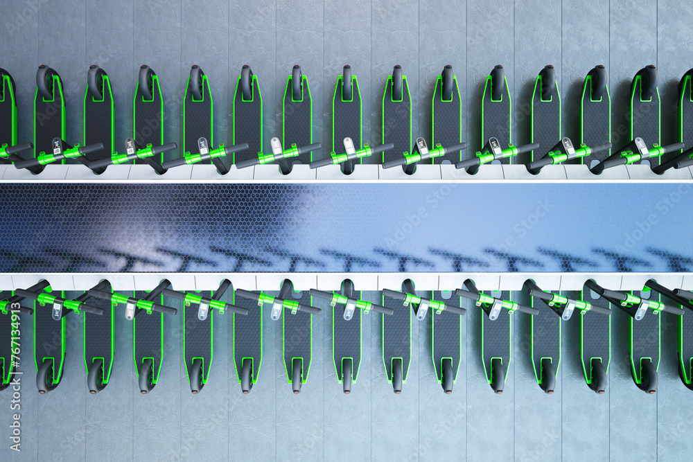 Eco-Friendly Electric Scooters Lined Up at Urban Charging Station