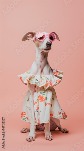 A photograph of an elegant female Italian greyhound dog wearing pink sunglasses and a fashion dress, on a solid color background, in a studio photography setting with high key lighting