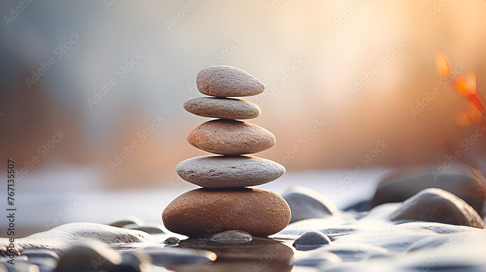 Close up abstract image of wet rough natural brown uneven stack of pebbles or stones on winter outdoor with blurry lights background - obrazy, fototapety, plakaty 