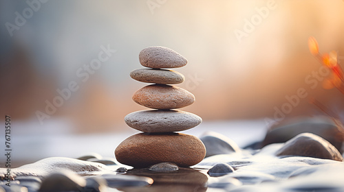 Close up abstract image of wet rough natural brown uneven stack of pebbles or stones on winter outdoor with blurry lights background photo