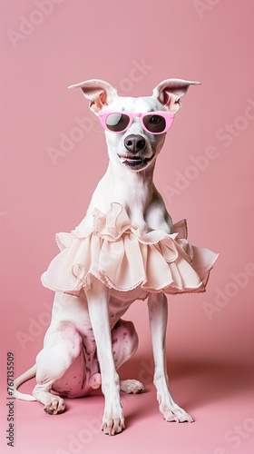 A photograph of an elegant female Italian greyhound dog wearing pink sunglasses and a fashion dress, on a solid color background, in a studio photography setting with high key lighting