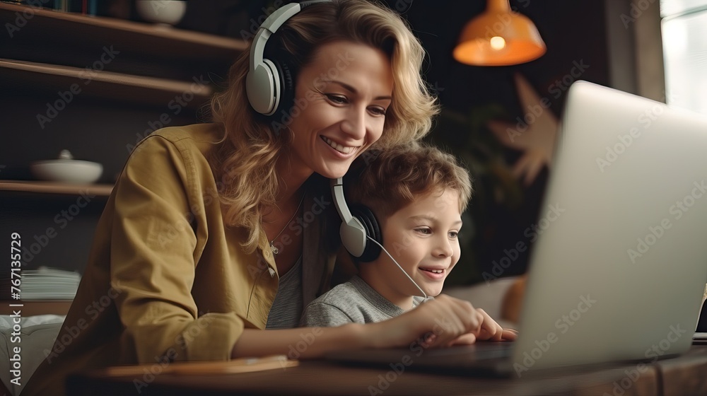 Mother and Son Video Call with Laptop and Headphones Mother and Son Video Call with Laptop and Headphones