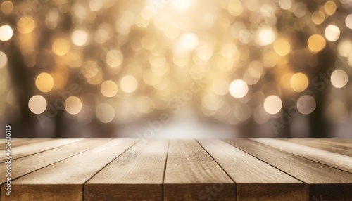 empty wooden table in front of abstract blurred festive background with light spots and bokeh for product montage display of product