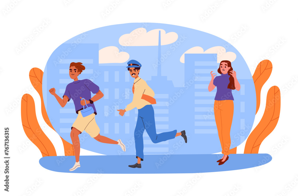 Man stole bag concept. Criminal at street run from policeman. Sad woman with thief. Burglar at urban street. Bandit with handbag. Cartoon flat vector illustration isolated on white background Man stole bag concept. Criminal at street run from policeman. Sad woman with thief. Burglar at urban street. Bandit with handbag. Cartoon flat vector illustration isolated on white background