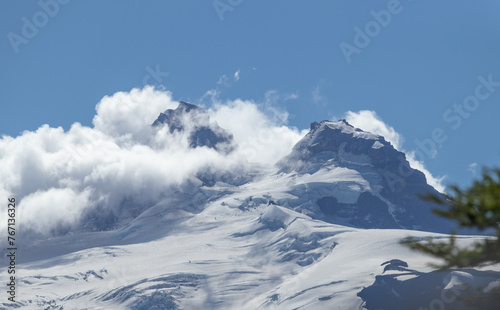 Snowy and cloudy landscape of mountains at Cerro Tronador in Bariloche, Argentina