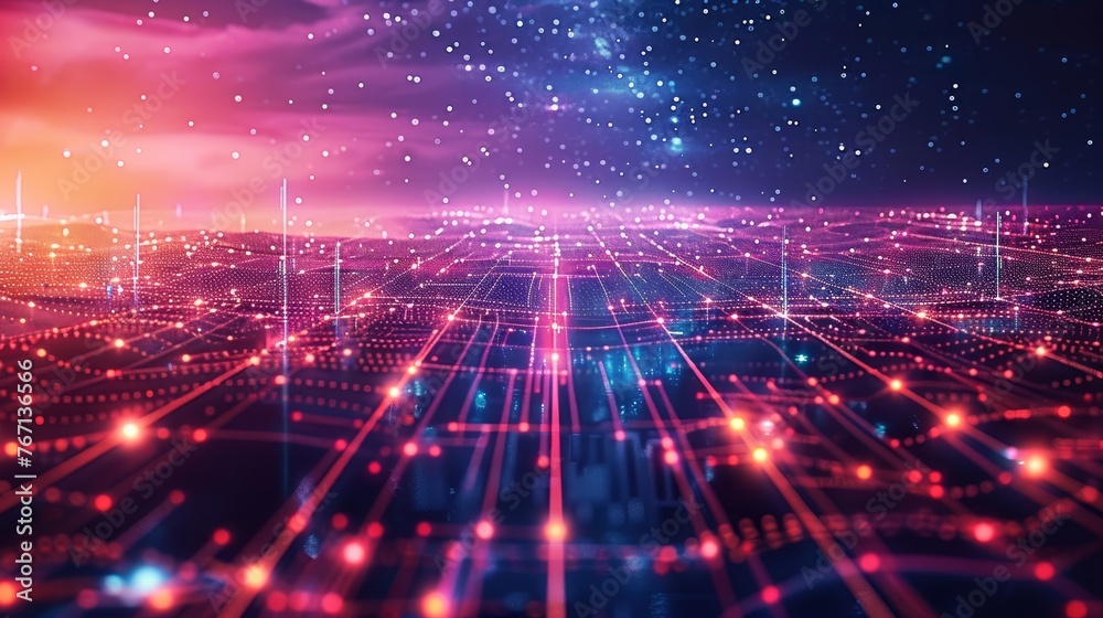An abstract digital landscape depicting interconnected lines and glowing dots against a twilight sky, symbolizing network connectivity for background technology, network infrastructure, and futuristic - obrazy, fototapety, plakaty 