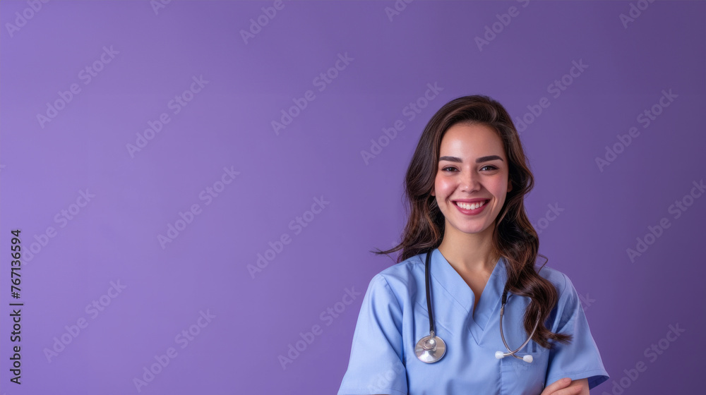 A woman in a blue scrubs is smiling and posing for a picture. She is a doctor and is wearing a stethoscope around her neck A woman in a blue scrubs is smiling and posing for a picture. She is a doctor and is wearing a stethoscope around her neck