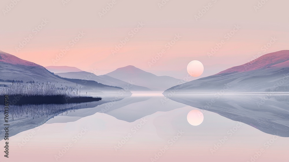 A stunning landscape featuring a mountain lake at sunrise, with perfect reflections and a gentle pastel color palette.