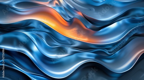  Fluid metallic waves that exude motion, with reflective orange highlights creating a vibrant and dynamic visual perfect for conveying energy and flow.