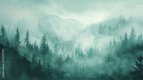 A lush green foliage forefront with a mysterious misty forest background, capturing the tranquil essence of a misty morning in a serene woodland setting.