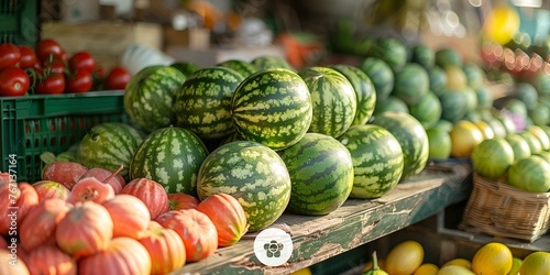 Large ripe watermelons sold on a market stall in the market during watermelon season