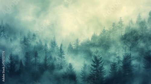 A lush green foliage forefront with a mysterious misty forest background  capturing the tranquil essence of a misty morning in a serene woodland setting.