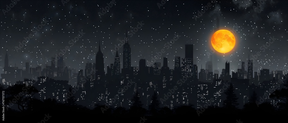 A silhouette of a mega-city at night with the moon shining brightly in the sky