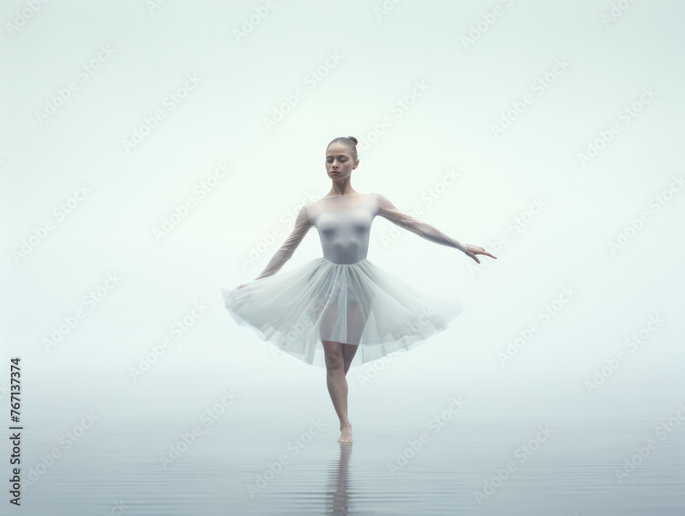 Ballerina. Young graceful ballet dancer is rehearsing a performance in a white transparent studio. Woman is practicing ballet, in ballet class. Copy space Ballerina. Young graceful ballet dancer is rehearsing a performance in a white transparent studio. Woman is practicing ballet, in ballet class. Copy space