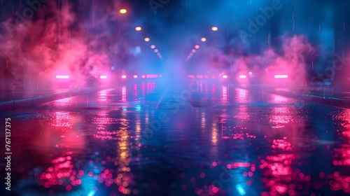 Neon lights reflecting off a wet asphalt  smoke rising up from the ground  empty street lit with street lights and neon lights