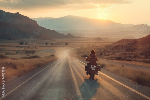 A motorcyclist riding into the distance on a desolate highway with scenic mountains and sun setting in the background