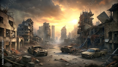 Post Apocalyptic Ruined City, Destroyed Buildings, Burnt-Out Vehicles, Ruined Roads photo