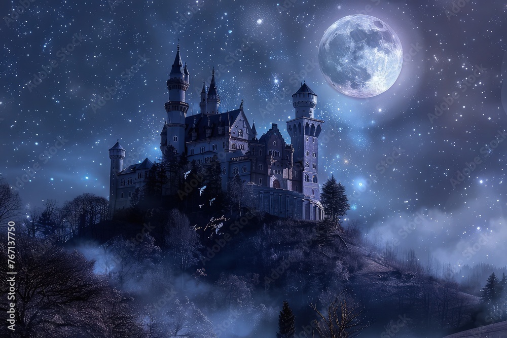 The Castle's Towering Splendor Beneath the Full Moon - obrazy, fototapety, plakaty 