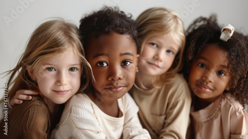 Cheerful children of different ethnicities in diversity photo shoot on soft color background. © Bnetto