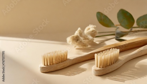eco friendly wooden toothbrushes with natural bristles on beige studio background with copy space organic accessories for personal hygiene