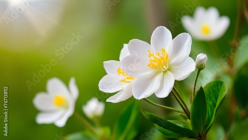 Capture White flowers in natural defocused background for spring banner