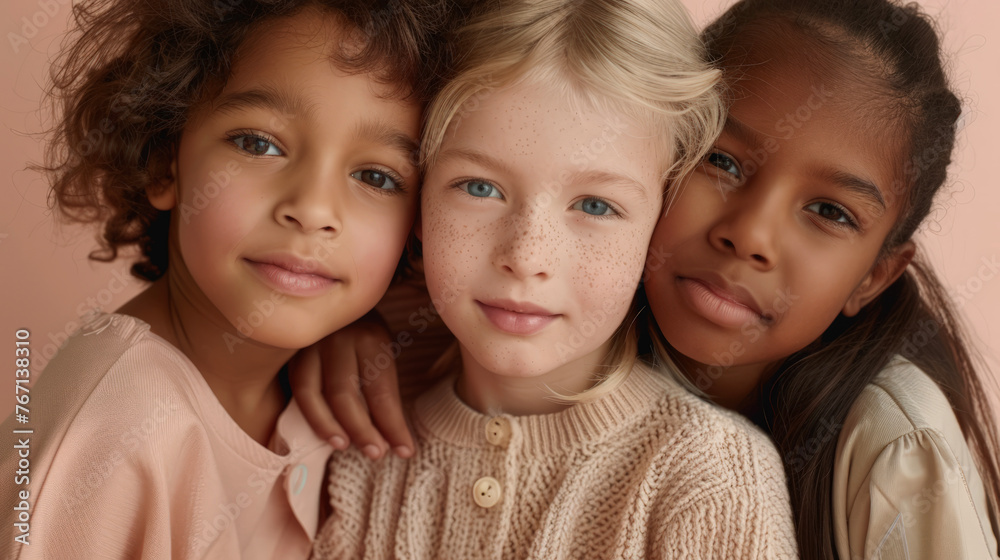 Cheerful children of different ethnicities in diversity photo shoot on soft color background. Cheerful children of different ethnicities in diversity photo shoot on soft color background.
