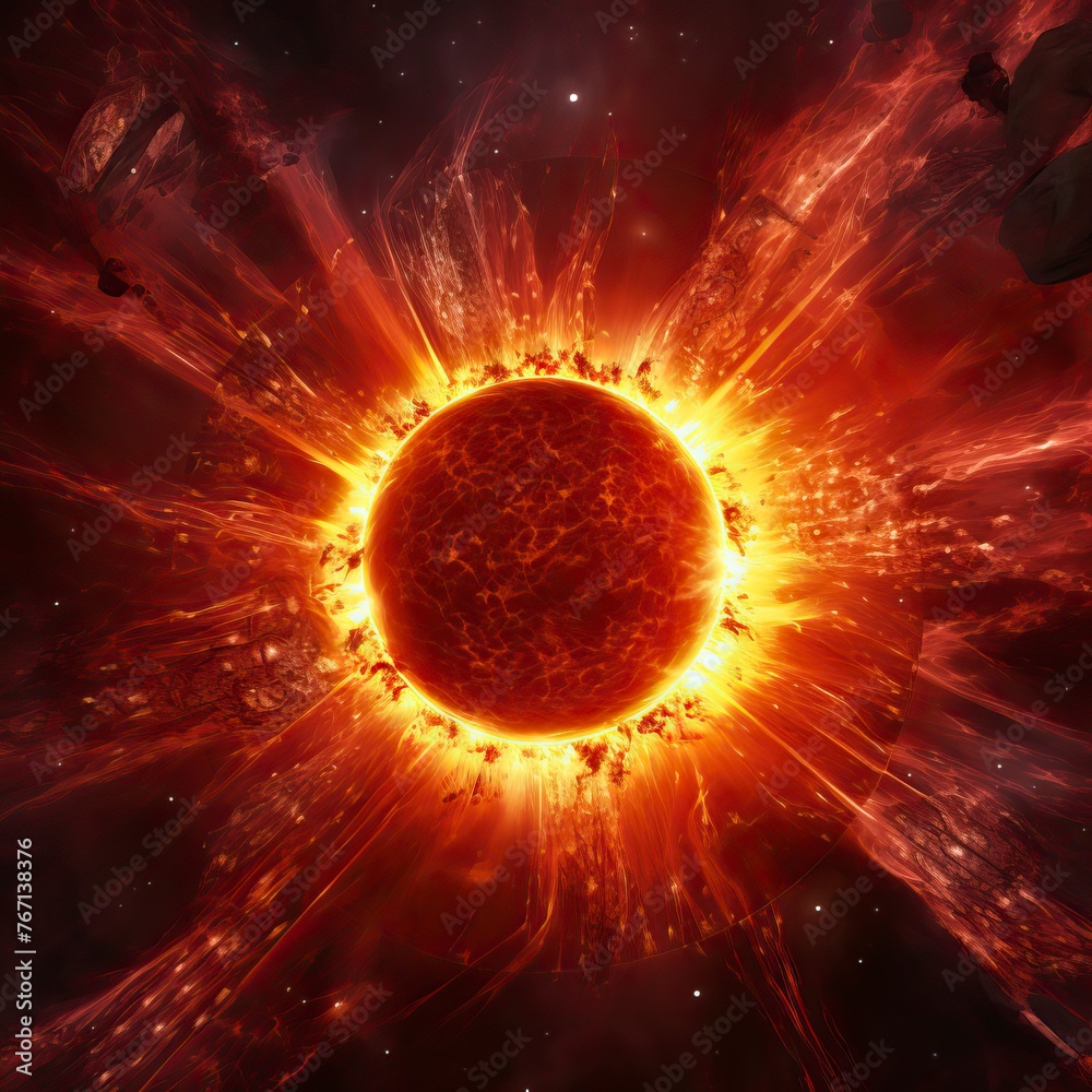 Fototapeta premium Surface of sun with prominences, solar radiation and magnetic storm