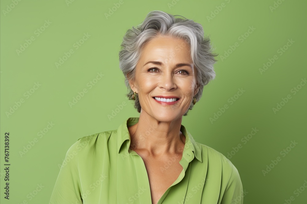 Portrait of smiling senior woman with grey hair against a green background Portrait of smiling senior woman with grey hair against a green background