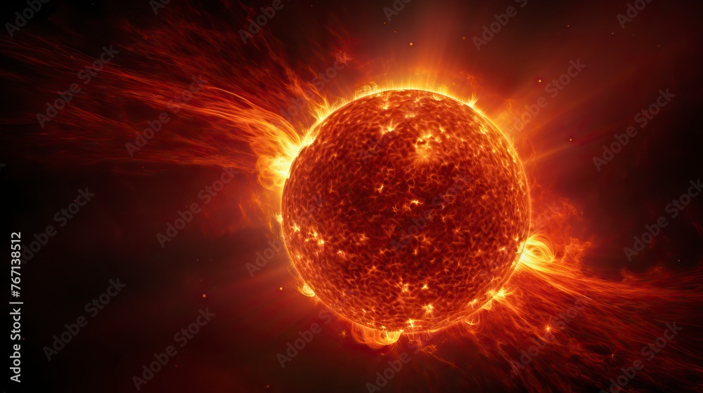 Surface of sun with prominences, solar radiation and magnetic storm - obrazy, fototapety, plakaty 
